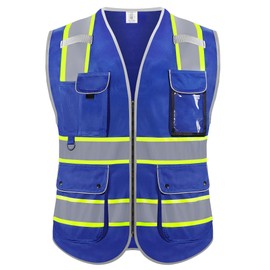 Rhino Hit Reflective Safety Vest for Men Women, High Visibility Safety Vest with 8 Pockets Zipper Front, Meets ANSI Standards