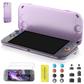 Switch 2(2025新型)専用設計, ハードシェル収納ケースセット｜3Dジョイスティックとスクリーンをしっかり保護、充電と収納が同時に可能、防水・耐圧｜スリム、軽量、持ち運び可能｜EVAより丈夫｜強化ガラスフィルム2枚、ジョイスティックカバー8枚、ダストプラグ一式付き。パープルつや消しモデル