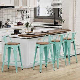 Alunaune 26" Metal Bar Stools Set of 4 Counter Height Barstools Industrial Counter Stool Kitchen Bar Chairs Modern Wood Seat-Distressed Blue