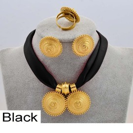 Ethiopian Jewelry for Women Set - Traditional Eritrea Gold DIY Rope Chain Color Ethnic Style Pendant Earrings Ring, Zinc, No Gemstone, Black
