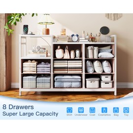 Casaottima Dresser for Bedroom with Charging Station, 52" Long Dresser with 8 Storage Drawers, Large Fabric Dressers Chests of Drawers with Shelves, Pink