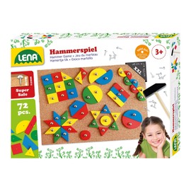 Lena 65827 – Hammer Game, Nail Game with 72 Coloured Parts in 9 Different Shapes, Cork Base Plate, Approx. 28 x 19.5 cm, hammer and nails, hammering game for children over 3 years