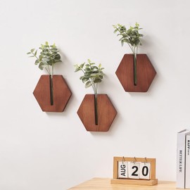 FJSPERM Wood Wall Vase Decor, Hexagonal Wall Hanging Planter, Hanging Wall Planters for Indoor Plants, Wall Decor for Bedroom Living Room Bathroom Kitchen, Farmhouse Plant Wall Art Decor(Rustic Brown)