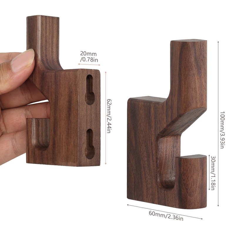 Walnut Wood Wall Peg Rack Hooks 2 Pack, Natural Wooden