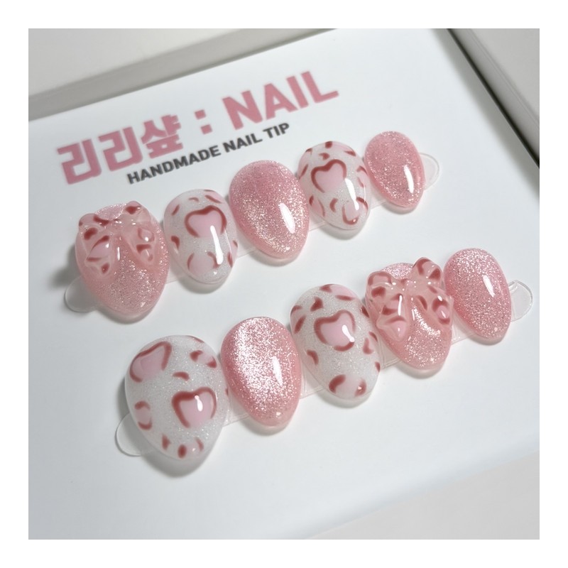 Pink melting leopard skin handmade nail tips - short almond