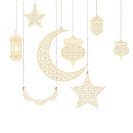 Eid Decorations Home Hanging Wooden Ornaments, 8pcs Crescent Moon Star Hollowed Wooden Pendants Cut-out Lantern Shape Ornaments with Hanging Cords Ramadan Eid Muslim Party Decorations Supplies