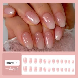 Gradient Almond Press on Nails Medium Round Fake Nails White Ombre False Nails with Designs Nails Press on Artificial Acrylic Nails Nude Stick on Nails for Women Girls Manicure 24Pcs…