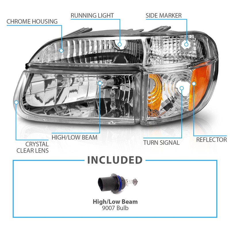 AmeriLite Chrome Replacement Headlights Lamp w/Corner Parking Turn Signal Set