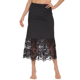 MANCYFIT Half Slips for Under Dresses Extender Slip Skirt for Women Lace Trim Long Underskirt 32 Inch Black X-Large