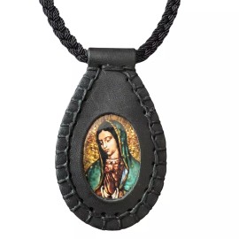 Handmade Virgen de Guadalupe Escapulario Cadena Piel Negro Hecho a Mano Nuestra Senora
