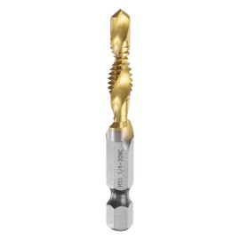 sourcing map Combination Drill and Tap Bit, SAE 1/4-20NC Thread 1/4" Hex Shank, Titanium Coated Threading Screw Taps Spiral Flute Tapping Tool, High Speed Steel (HSS) 4341