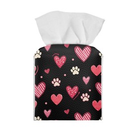 Suhoaziia Love Heart Dog Paws Tissue Box Cover Holder, Sturdy Leather Square Facial Tissue Case Home Decor for Bathroom Bedroom Night Stand Desk, Cute Valentine's Day Gifts for Her