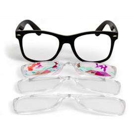 GloFX Snap On Glasses: Interchangeable Snap-On Lens Diffraction Effects | Ultimate Black Frames with 3D Prism Line, Heart and Rainbows Kaleidoscope Lenses for Raves and Festivals