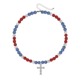 LIYAPEI Bling Ice Collection Baseball Necklace for Boys, crucifix cross pendant necklace colorful Rhinestone Beads Beaded Necklace for Men Women Baseball Team Lovers (18in, red light blue white)