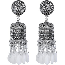 Efulgenz Antique Oxidized Indian Earrings for Women Boho Floral Round Stud Earrings Jhumka Jhumki Earrings Set Indian Oxidized Jewelry Dangle Earrings Bohemian Statement Jewelry Set for Women