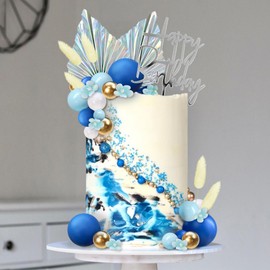 Bolas bohemias para decoración de tartas con bolas de colores, hojas de palma, plantas artificiales para bodas, baby shower (azul marino)