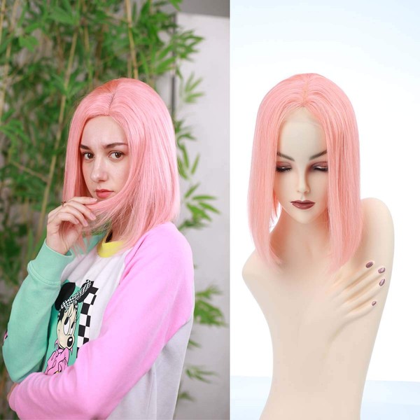 Bob Human Hair Wigs for Women 12 Inch Lace Front Wig Brazilian Remy Hair Pre Plucked with Natural Hairline Breathable and Comfortable Straight Bob Wig 33 x 22 cm Pink