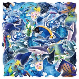 PNGIF Meeresleben Aufkleber 50 Stück, Graffiti Blaues Meer Stickers für Laptop Kindle Koffer Scrapbook MacBook Fahrrad Journal, Aesthetic Anime Wasserfeste Transparenter PET Stickers