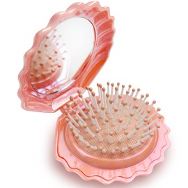Foldable Travel Hairbrush with Mirror, Compact Mini Pocket Comb with Shiny Metallic Finish, Shell-Shaped Design, Creative Gift