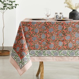 Labhanshi Indian Block Print Table Cloth|Washable Cotton Floral 72x135 Inch Rectangle 10-Seater Rustic FarmHouse Spring Easter Table Top Dining Cloth|Baby Shower Birthday Party Decor |Dark Salmon Pink