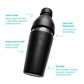 KeepCup Water Bottle, Reusable Insulated Stainless Steel Dual Opening with Leakproof Steel Cap, 14oz/420ml - Black