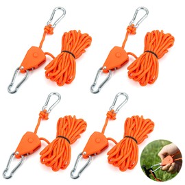 Pack of 4 Guy Ropes with Rope Tensioner, 4 m Adjustable Rope Ratchet with Hook, 4 mm Windproof Rope for Adjusting the Pulley, Tent Cord with Tensioner, Reflective Guy Ropes for Awning