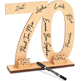 Patelai Number 70 Wood Sign Guest Book Birthday Wooden Freestanding Signature Number Keepsake Numbers Guestbooks Freestanding Year Signs Plaques with Pen for Anniversary Birthday Men Women