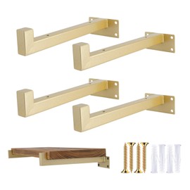 OVOV 4 Pcs Heavy Duty Shelf Brackets 6 inch Industrial Floating Shelves Bracket Gold Wall Bracket for Kitchen Metal Shelf Support with Lip