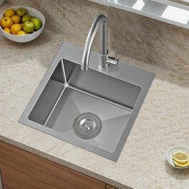 Comllen 18x18 Inch Drop in Bar Sink,Top Mount Handmade 16 Gauge Stainless Steel Small Kitchen Sink,9 Inch Deep Single Bowl Workstation Wet Bar Sink with Stainless Steel Grid & Strainer