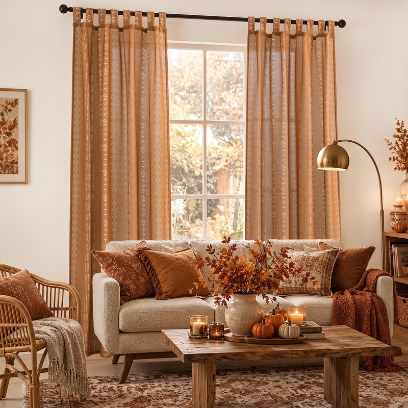 Boho Terracotta Tab Top Bohemian Curtains for Fall Living Room