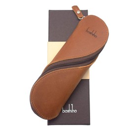 Boshiho Pen Case, Genuine Leather, Pencil Case, S-Shaped Zipper, Glasses Case for Adults, Men, Women