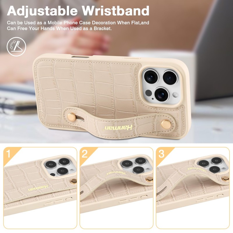 Hanman for iPhone16 Pro Max Leather Case with Adjustable Wristband