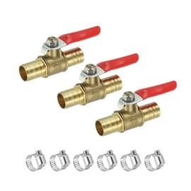sourcing map 1/2" Mini Ball Valve, Brass Shut-Off Valve Switch Hose Barb Pipe Tube Fittings with Clamp 90 Degree Red Operation Handle, Brass Valve, 3 Set