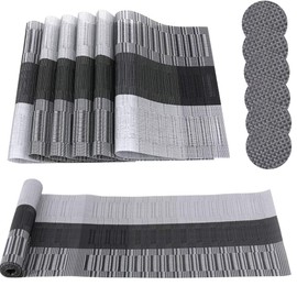 Time to Sparkle 13 PCS Vinyl Woven 6pcs Placemats + 6pcs Coasters+ 1pc Tablecloth Anti-Slip Table Mat Waterproof Heat Resistant Table Mat Decoration (Placemat+Runner-Black Bamboo)