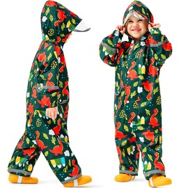 Baogaier Kids Puddle Suit Girls Boys All in One Rain Suit Children Lightweight Waterproof Rainsuit Hooded Dinosaur Print Raincoat Outdoor Muddy Suits Rainwear for 5-7 Years, Dark Green
