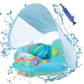 Baby Swimming Ring with Removable Sun Canopy, Swimming Aid Adjustable Shoulder Straps, Swimming Trainer, with Inflatable Swimming Float for 3-36 Months and Above
