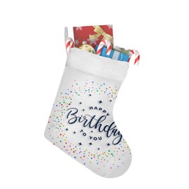 Christmas Stockings, Happy Birthday to You Xmas Tree Faux Fur Christmas Stocking, Modern Colorful Geometric Art Aesthetics Hanging Ornaments Stockings for Christmas Holiday Party Decorations 18"x12"