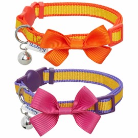 Blueberry Pet Pack of 2 Cat Collars, Classic Solid Adjustable Breakaway Cat Collar with Bell and Bow Tie, Sunshine, Neck 9"-13"