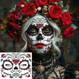 14 Sheets Day Of The Dead Face Tattoos For Halloween Temporary Tattoos Sugar Skull Catrina Makeup Kit Tattoo Sticker, Realistic Stitch Mouth Fake Tattoos Halloween Zombie Costume Dia De Los Muertos