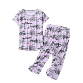 HOWINCO Womens Summer Pajamas Sets Plus Size Cotton Sleepwear Tops with Capri Pants 2 Piece Pjs Ladies Camouflage Prints Sleep Set