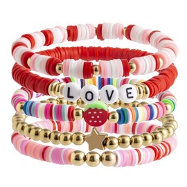 Pingyongchang Surfer Heishi Clay Strawberry Bracelets Set for Women Men Bohemian Stackable Gold Beaded Vinyl Disc Elastic Stretch Bracelet Resin Friendship Summer Beach Birthday Jewelry-D