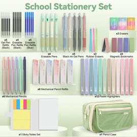 DazSpirit 61 PCS Aesthetic Stationery Supplies with Pen Case, 12 Pastel Highlighters, 4 Erasable Pens, 5 Gel Pens, 6 Mechanical Pencils, Stationery Set for Students, Note-taking & Journaling (Green)