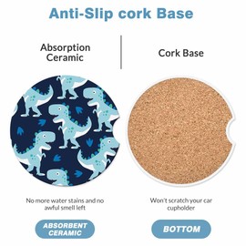 Blue Dinosaur Print Car Cup Holder Coaster 2 Pack Absorbent Ceramic Car Coasters for Cup Holders Car Accessories Interior for Women Men Universal Anti Slip Cork Base Cup Coasters with Finger Notch