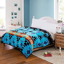 Geometry Southwest Queen Reversible Bed Blanket for Bed Couch, Turquoise Blue/Black Soft and Cozy Reversible Bed Blanket for Kids, Women, Girl, Family