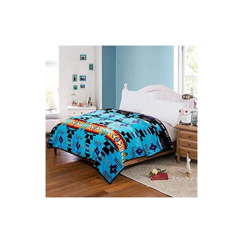 Geometry Southwest Queen Reversible Bed Blanket for Bed Couch, Turquoise