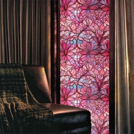 Pink Peach Floral Stained Glass Window Films Decorative Double-Side Privacy Film Self-Adhesive Static Glass Window Clings Stickers for Living Room Bathroom Glass Windows Decor