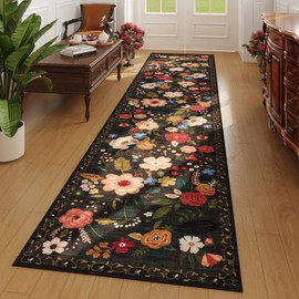 Rugcomf Runners for Hallways Kitchen Rug Non Slip 2'x 10' Long Washable Runner Rugs with Rubber Backing Soft Floral Carpet Runner for Hallways, Kitchen, Laundry, Bedroom, Bathroom(Black)