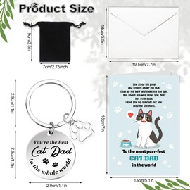 DPKOW Happy Fathers Day Card, Father’s Day Gifts from Cat, Fathers Day Keyring Cat Dad Gifts, Greeting Card with Envelope, Stainless Steel Engraved Keychain for Dad