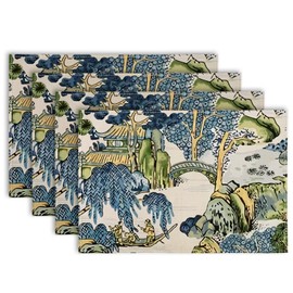 AnyDesign Chinoiserie Placemats Asian Scenic Blue and Kelly Green Table Mats Washable Farmhouse Oriental Place Mats for Home Kitchen Dining Table Decoration, 12 x 18 Inch, 4Pcs