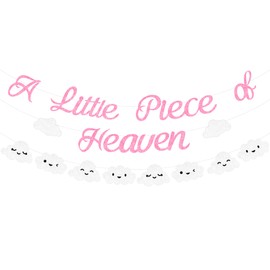 Sursurprise Pink Glitter A Little Piece of Heaven Banner Cloud Banner for Girls Heavenly Heaven Sent On Cloud 9 Baby Shower Decorations, Cloud Theme Birthday Party Supplies